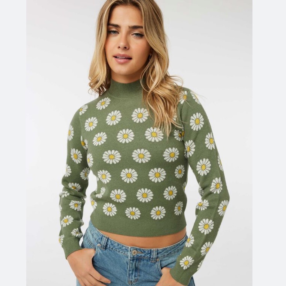 ARDENE L Mock Neck Khaki Green White Yellow Daisy Cropped Knit Sweater
